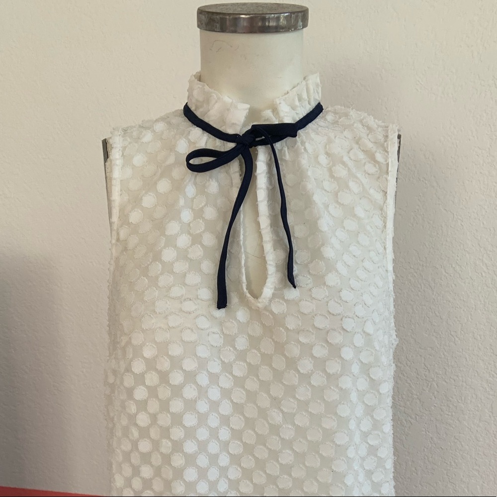 Modcloth White/sheer polka dot sleeveless blouse with neck tie (size Small)